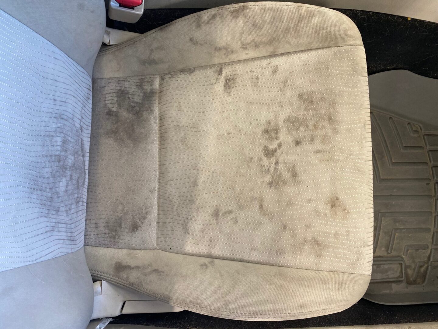 Stained car seat before cleaning
