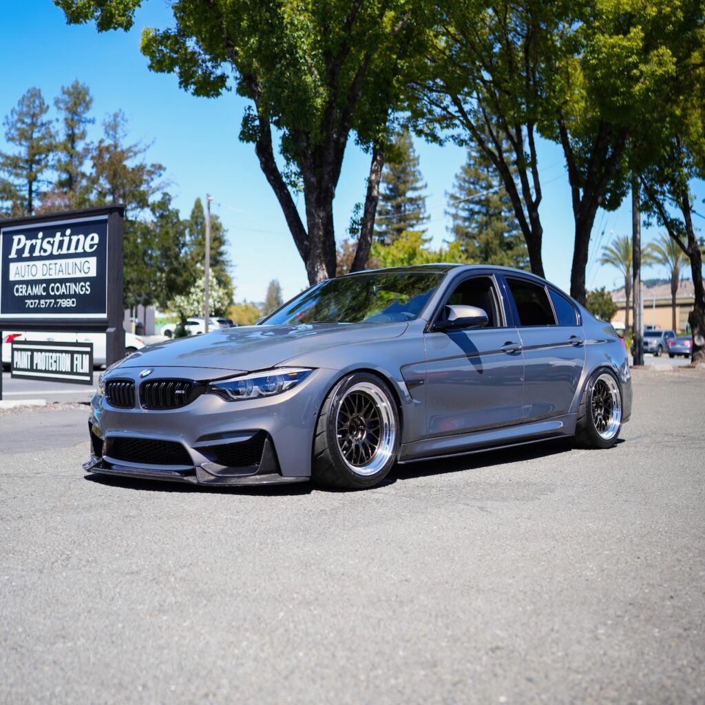 BMW M3 after PPF ten year self healing paint protection film installed on front for rock chip protection